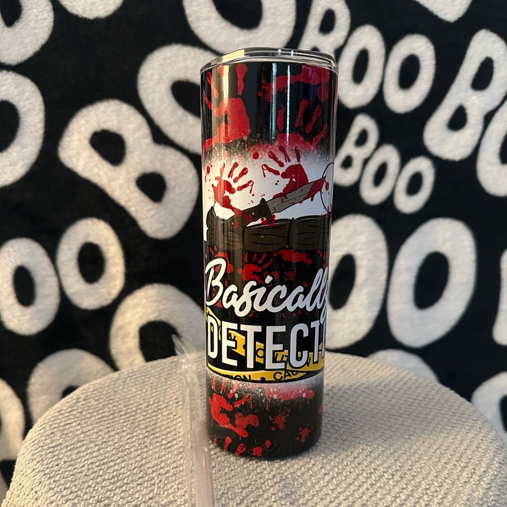 NEW- Basically a detective, 20oz stainless horror tumbler.
